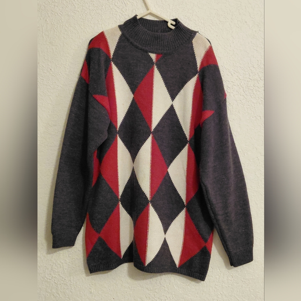 Geometric Knit Turtleneck Sweater - Red, Black, and White